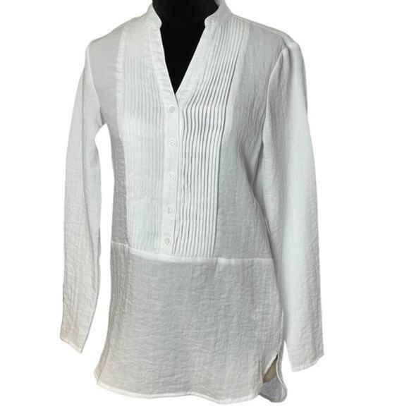 Resort Wear White Pleated Button Front Tuxedo Tunic, Vacation, Beach, Summer XS - Picture 2 of 8